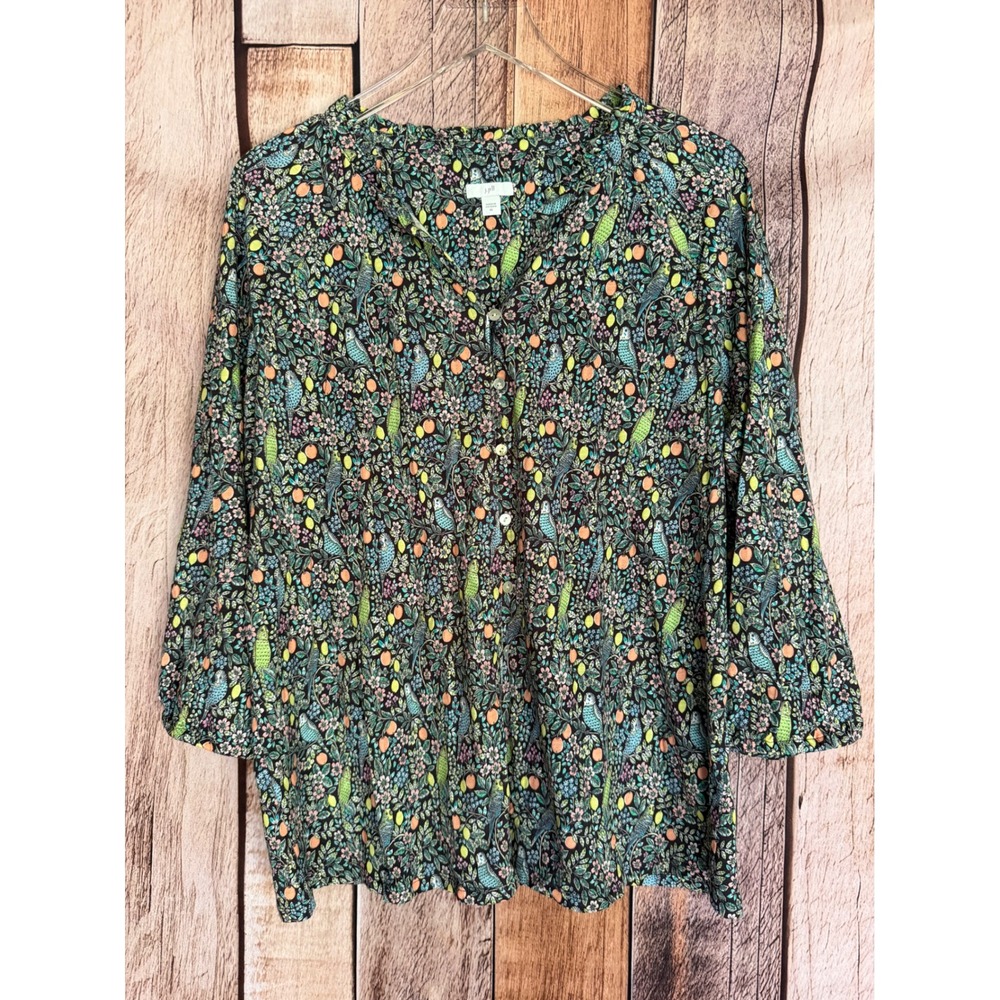 J.Jill Top Bird Print Button Front Peasant Blouse Floral Casual Everyday Size XL
